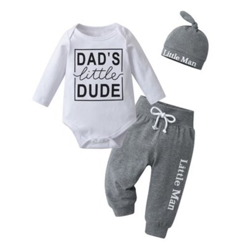 Newborn Baby Boy Clothes Letter Long Sleeve Romper + Pants + Hat 3PCS Outfits Set White & Grey 0-3 Months