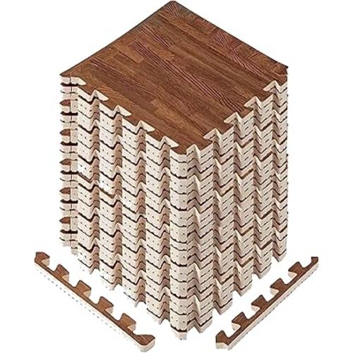 Yes4All 12SQ.FT Wood Grain Puzzle Exercise Mat Protective Flooring, EVA Interlocking Foam Floor Tiles with Border for Home