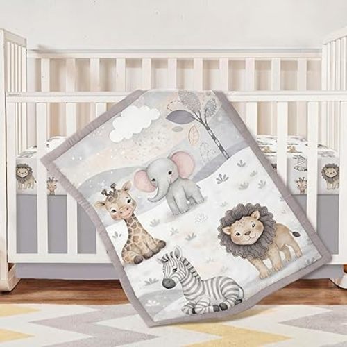 Hosuly 3 Pcs Baby Crib Bedding Set Safari Animals Bear Woodland Animals Jungle Crib Set Includes Quilt, Fitted Sheet, Skirt for Baby Boy Girl(Light Blue,Safari)