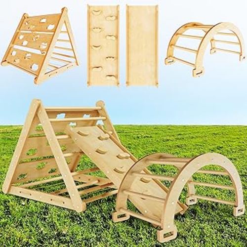 Pikler Triangle Set, Foldable Wooden Montessori Climbing Set, Indoor Playground with Arch and Ladder-slide, Toddler Climbing Toys Indoor - Natural Wood