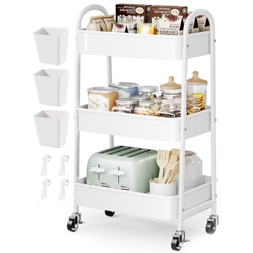 3 Tier Rolling Cart Metal with Wheels, Heavy Duty White Three Tiered Craft Cart Organizer on Wheels, Utility Roller Storage Carts for Art, Baby Nursery, Diaper Caddy, Snack,Book,Nail,Cleaning Supplies
