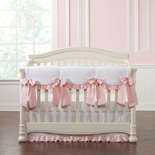 White and Pink 7-pc. Set (Scalloped Rail Cover, Flat Skirt with Ruffles)