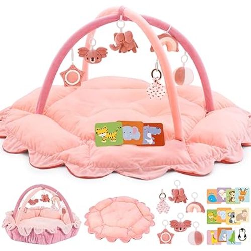 5-in-1 Plush Baby Play Gym, Activity Mat with Convertible Gym, Baby Gym 6 Sensory Toys, Play Center for Newborn to Toddler, Light Pink