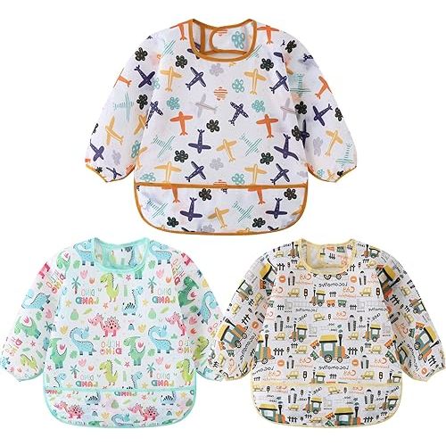 3 Pcs Waterproof Long Sleeves Baby Bibs Weaning Smock Bib 3-24 Months