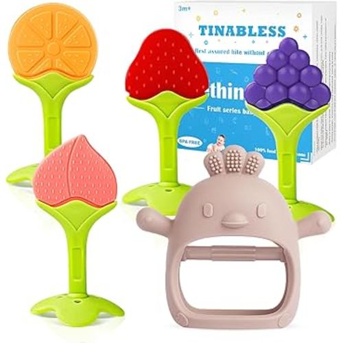 Teething Toys (5 Pack) - Tinabless Infant Teething Relief Toys&Teething Mitten Set, Food Grade Silicone Anti Dropping Wrist Hand Teethers Baby Chew Toys for Sucking Needs, Silicone Baby Teethers(Pink)