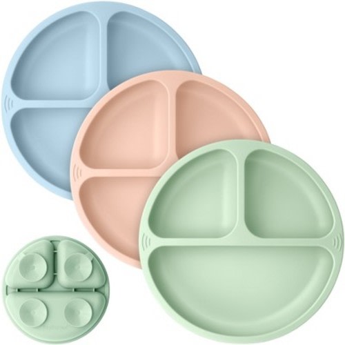 3-Pack Prep Suction Plates for Baby, 100% Silicone Toddler Plates, BPA-Free Divided Baby Plates with Suction, Color: Mellow