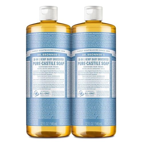Dr. Bronner's - Pure-Castile Liquid Soap (Baby Unscented, 32 ounce, 2-Pack) - Made with Organic Oils, 18-in-1 Uses: Face, Hair, Laundry and Dishes, For Sensitive Skin and Babies, No Added Fragrance