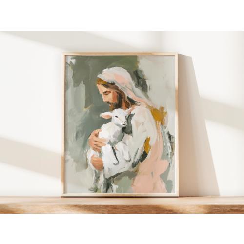 Jesus Artful Shepherd Wall Art Jesus The Good Shepherd Painting Art Print Christian Modern Wallart Gift for Her Homely Neutral Minimalist