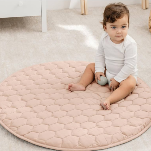 Comfy Cubs Round Kids Play Mat - Small 36 inches Soft Quilted Baby Floor Mat with Non-Slip Bottom - Plush Design for Toddlers' Playtime and Relaxation - Comfortable and Durable - Blush