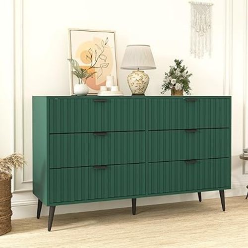 Fluted Dresser with 6 Drawer Dresser, Modern Dressers for Bedroom, Natural Wood Dressers Organizer with Blister Drawers for Bedroom, Green