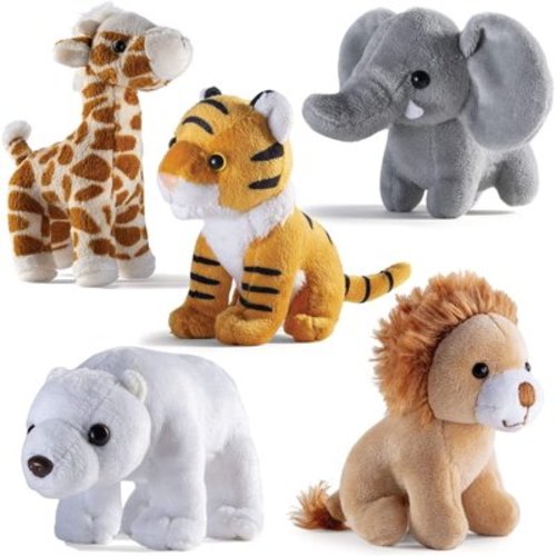 Prextex 5 Cute Little Five Inch Plush Animals: Giraffe, Tiger, Lion, Polar Bear, and Elephant