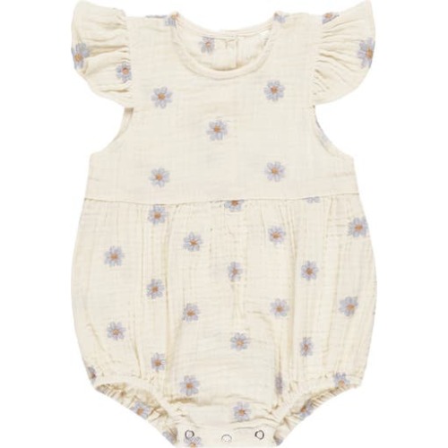 Amelia Daisy Embroidered Organic Cotton Gauze Bubble Romper, 0-3M
