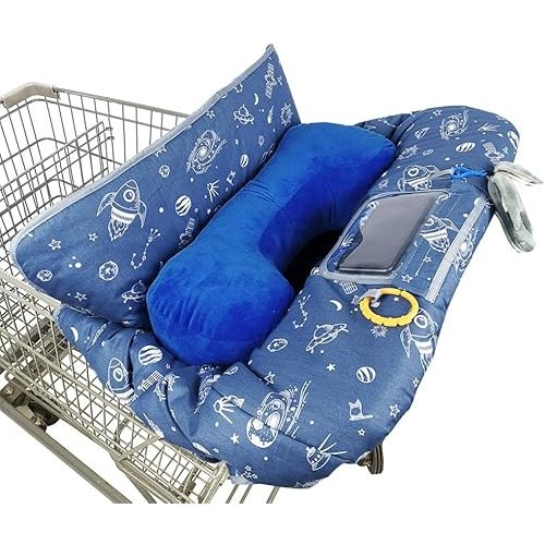 Shopping Cart Cover for Baby/Toddler with Pillow, Cozy High Chair Cover, Blue Spaceship