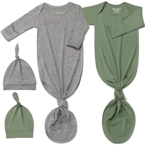 Super Soft Newborn Knotted Gown Set - Silky Infant Sleepwear with Long Sleeves, Includes Hat & Headband (2-Pack)