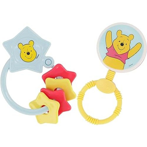 2 Pack Disney Winnie The Pooh Character Shape Rattle and Keyring Teether, Premium Toddler Birthday Toys, Infant Teething Toys, Great for Newborn Shower Gifts