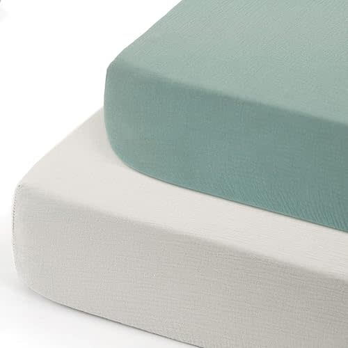 GRSSDER Soft Muslin Crib Sheet 2 Pack, 100% Cotton Crib Sheets for Boys and Girls, Fit Standard Crib Mattresses 52" x 28" Safe and Snug, Light Gray/Roman Green