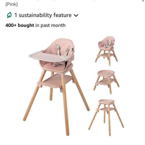 BABY JOY Baby High Chair, 6 in 1 Convertible Wooden High Chair for Babies & Toddlers with Adjustable Legs, Double Removable Tray, Safety Harness & Waterproof PU Cushion (Pink)