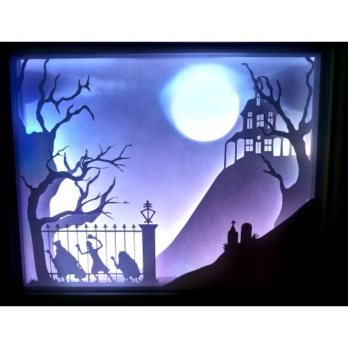 Hitchhiking Ghosts LED Shadow Box | LED Paper Cut Wall Art | Halloween Horror Decor | Spooky Season | Haunted Mansion | Handmade Wooden Box