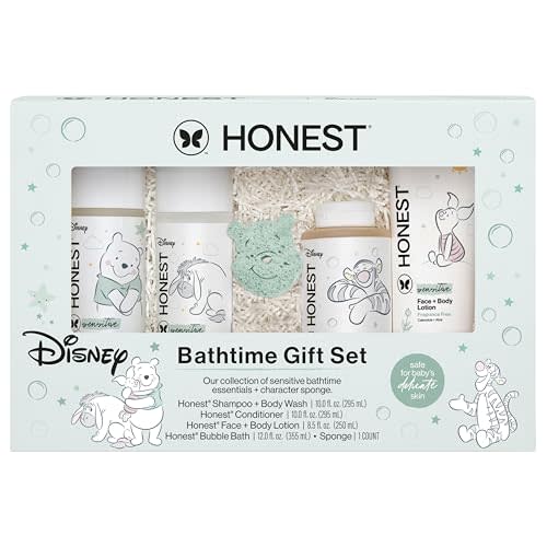 The Honest Company Fragrance Free Bathtime Gift Set + Disney Design | Hypoallergenic Bath Essentials for Sensitive Skin | Shampoo + Body Wash, Face + Body Lotion, Bubble Bath, Conditioner, Sponge