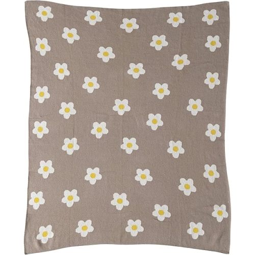 Creative Co-Op Cotton Knit Baby Blanket with Printed Flowers, Brown and White