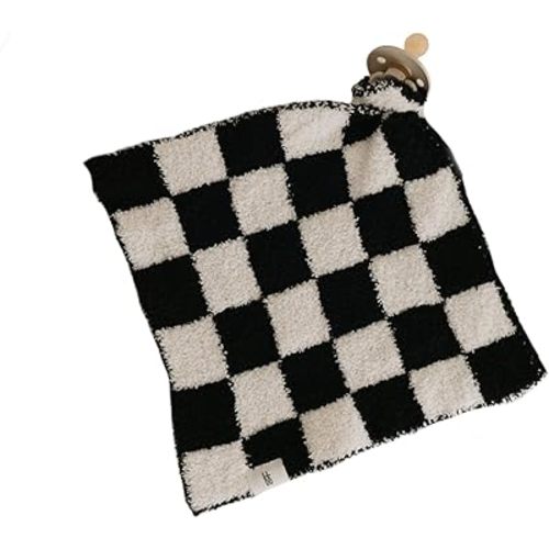 Forever French Baby | Baby Lovey | Pacifier Holder | Lovie Baby Gifts | Baby Boy & Baby Girl | Ideal for Age 0 Months & Up | Microfiber Feather Yarn (Black & White Checkerboard)