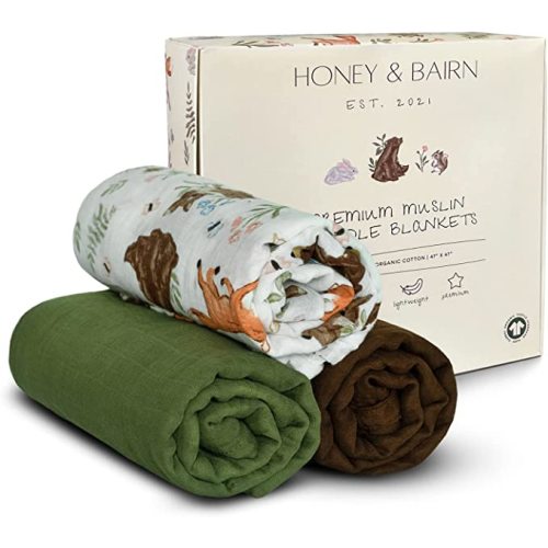 HONEY & BAIRN Baby Muslin Swaddle Blankets - Muslin Blankets Swaddle Set, Baby Muslin Blankets for Boy & Girl, Newborn Swaddle Baby Receiving Blankets - Woodland Themed Swaddle Blanket for Newborns
