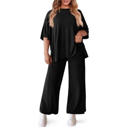 Beautife Womens Plus Size Lounge Sets Short Sleeve Tops Wide Leg Pants 2 Piece Outfits Tracksuit with Pockets