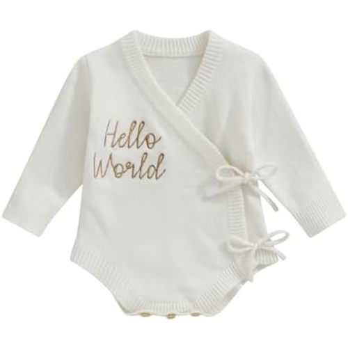 Unisex Newborn Baby Boy Girl Clothes Hello World Print Long Sleeve Romper Knit Sweater Onesie Coming Home Outfit