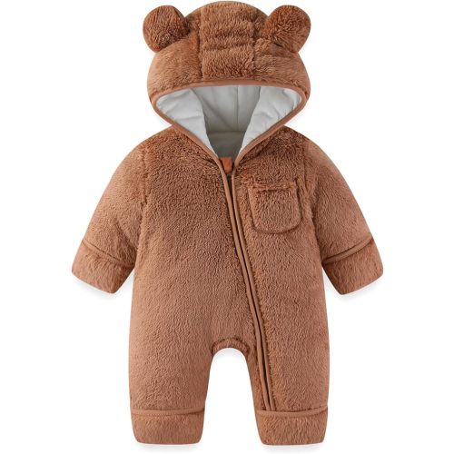Newborn Baby Bear Outfit With Fold-Over Mittens and Footies Girls Boys Winter Fleece Clothes Hooded Romper Snowsuit
