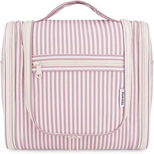 Narwey Striped Hanging Travel Toiletry Bag for Women, Travel Bag for Toiletries, Makeup Bag Organizer Cosmetic Bags Make Up Bags for Women (Dusty Rose Stripe)