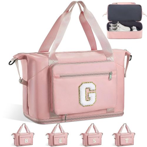 Gifts for Women & Girls-Initial Duffle Bag for Travel, Carry on Bag Duffel Bags, GYM Weekend Overnight Bag with Shoes Compartment,Hospital Bags -Pink G