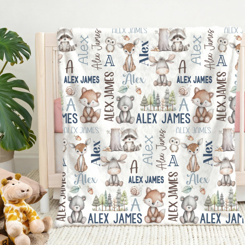 Personalized Cute Hand Painted Animals Soft Throw Blanket with Name and Initial Home Decor Daily Use Birthday Gift for Kids - CALLIE