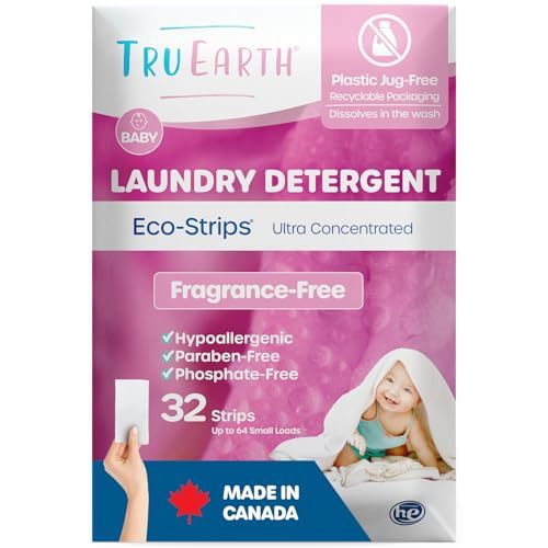 Tru Earth Hypoallergenic Baby Laundry Detergent Sheets/Eco-Strips for Sensitive Skin, 32 Count, Up to 64 Loads: Fragrance Free Detergent for Newborn, Infants, Toddlers, Children, Baby Clothes