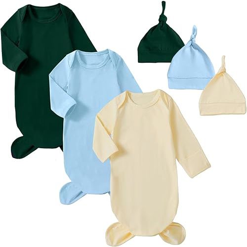 OPAWO Newborn Baby Knotted Gowns with Mitten Cuffs and Hat Baby Sleeper Gowns Coming Home Outfit for Baby Boy Girl 0-6 Months