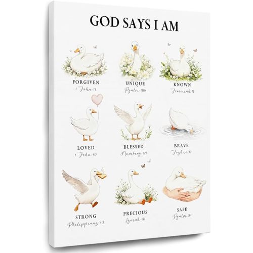 TAZSWDMM Christian Goose Nursery Framed Canvas Wall Art Posters, Bible Verse Decor, God Says I Am Scripture Wall Art Prints for Kids Room Playroom Home Church Nursery Decor, 11x14 Inch
