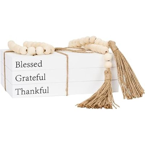 OMISHE Decorative Books for Home Decor, White Faux Books for Decoration, Decor Books, Fake Books, Rustic Farmhouse Stacked Display Books with Wood Bead Garland for Coffee Tables Living Room (Blessed)