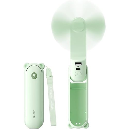 JISULIFE 3 IN 1 Handheld Mini Fan - Portable Fan & Power Bank & Flashlight, 19H Max Cooling, USB Rechargeable, Pocket-Sized for Travel, Cruise, Concerts, Makeup, 2026 Summer Gifts for Women(Green)