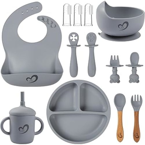 Silicone Baby Feeding Set Essentials,13 Pcs,Baby Led Weaning Supplies, Baby Spoons Suction Bowl Divided Plate Bib Cup Finger Brush,First Stage Solid Food Eating Utensils - 6 Months + (Blue Gray)