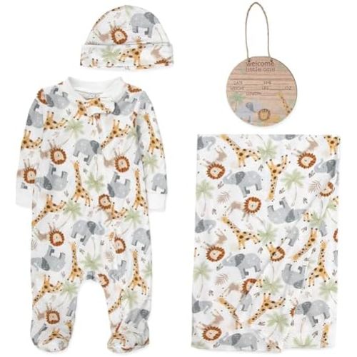 Newborn Baby 4 Piece Coming Home Outfit Gift Set – Footie Sleeper, Blanket, Headband & Ornament for Boys & Girls