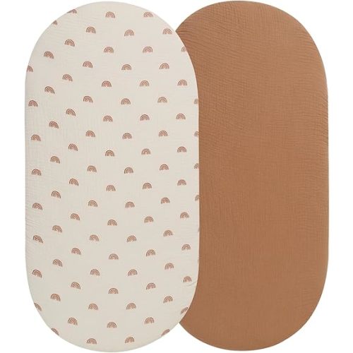 Muslin Bassinet Sheets Compatible with Dream On Me Karley (Plus Portable) Bassinet, Chicco LullaGo Portable and ANGELBLISS 3 in 1 Rocking, 100% Cotton, 2 Pack, Natural and Rainbow