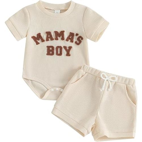 Douhoow Baby Boy Summer Outfits Short Sleeve Mamas Boy Little Dude Embroidery Boy Romper Shorts Set Infant Waffle Clothes