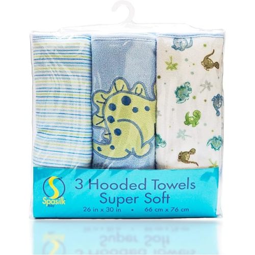 Spasilk Baby 3 Pack Soft Terry Hooded Towel Set for Newborn Boys and Girls Blue Dino, 26x30 Inch, (301-008)