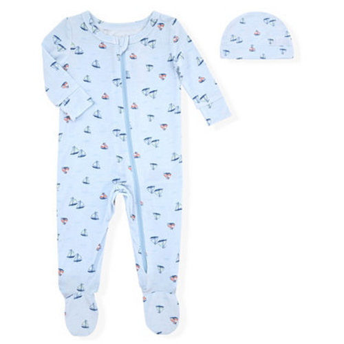 Baby Boys' Sail Boat Printed Round Neck Footie Sleep & Play and Hat, 2-Piece Set