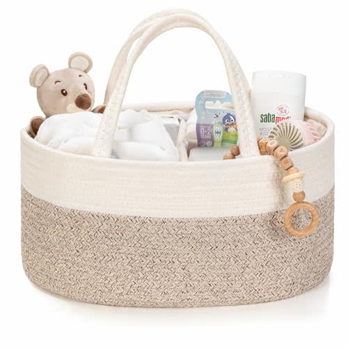 Kodomoore Diaper Caddy Organizer, Baby Storage Basket, Nursery Bin and Car Organizer for Diapers, Gift Basket for Baby Shower List or Newborn Essentials, Boys and Girls - White and Beige Brown