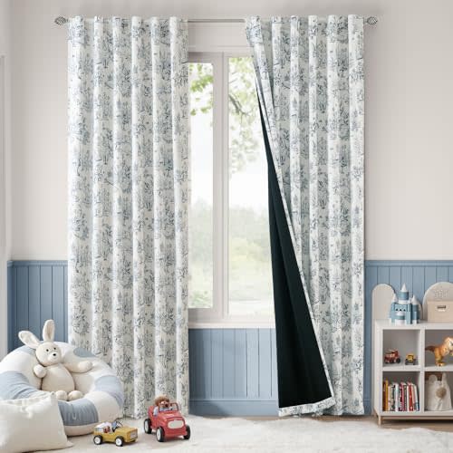jinchan 95% Blackout Nursery Curtains 84 Inches Long, Bunny Woodland Toile Curtains Blue on Beige Animal Printed Drapes for Bedroom Rod Pocket Thermal Insulated Farmhouse Window Treatment 2 Panels