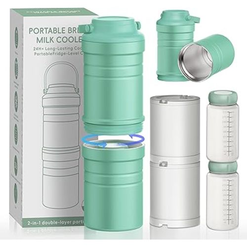 Portable Breast Milk Cooler Bottle, 2-in-1 Detachable Travel Breastmilk Chiller, 2 Copper-Plated Liner Breastmilk Storage for 28H, 360° Total Cooling Milk Chiller Bottle with 2 Bottles-22oz