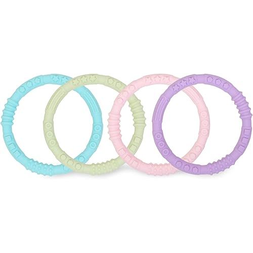 Bumkins Baby Teething Freezer Toy Keys Rings, Soft Flexible Pacifier to Chew, Cool Teether Gum Relief, Babies 3 Months, Freezable, Platinum Cured Silicone, Sensory Bracelet, 4-pk Pastels