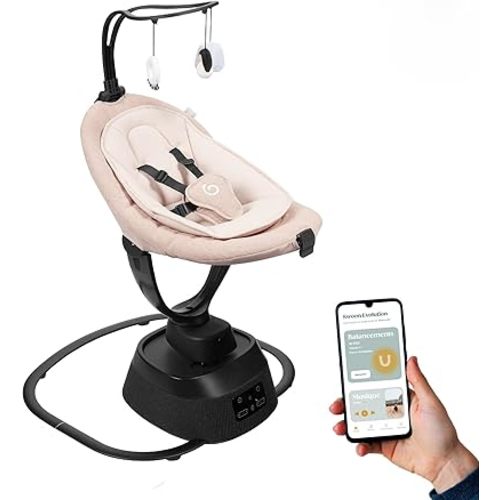 Babymoov Swoon Evolution Connect Smart Baby Swing, App-Controlled Electric Baby Bouncer with Multiple Motions, Speeds, Music, Timer & Remote Control, Mocca