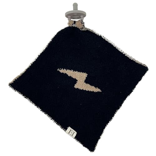Lightning Bolt Baby Lovey Pacifier/Teether Holder 10"x10" - DreamSoft Knitted Cuddly Soothie Reversible Mini Comfort Blanket - Cute Newborn Gift Essential for Babies Boys and Girls (Black/Brown)