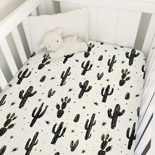 Boho Cactus Baby Crib Sheet 52''x28'' Retro Black Golden Cactus Fitted Crib Mattress Cover Wild Cactus Soft Baby Sheet for Boy Girl Western Plants Nursery Bedding for Standard Crib Toddler Mattress